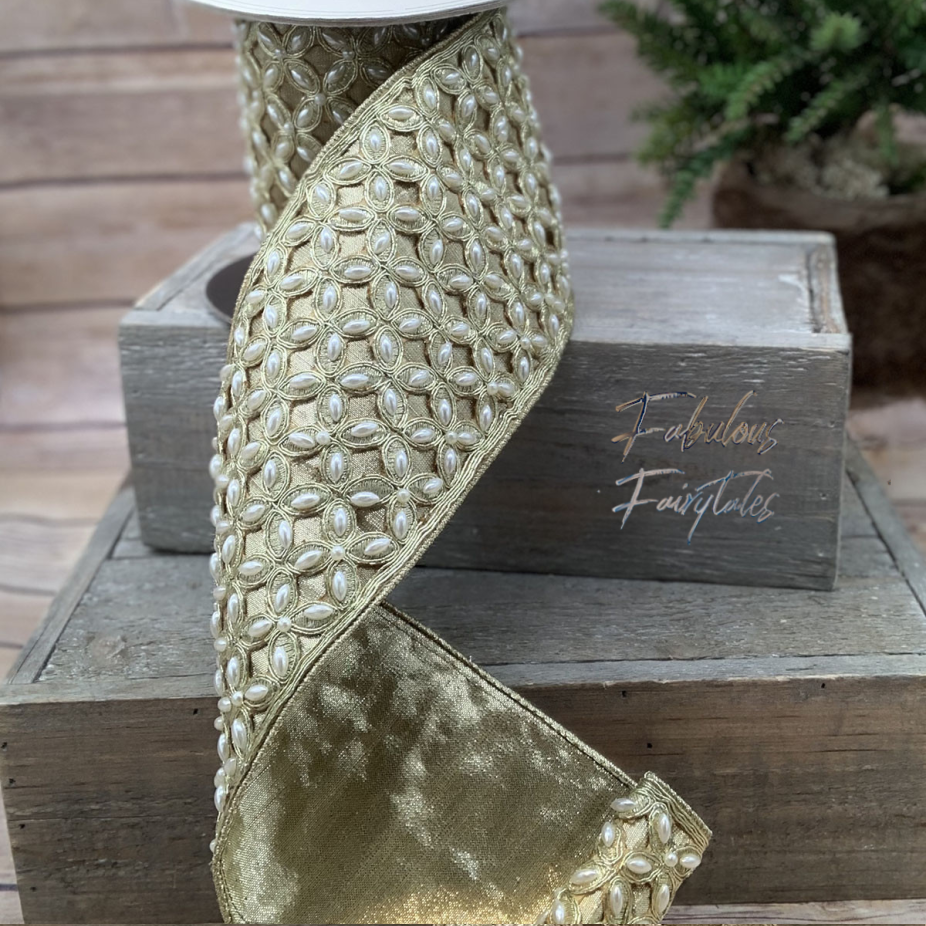 D Stevens Golden Pearl Trellis Ribbon Luxury Wired Ribbon Shop - Fabulous  Fairytales